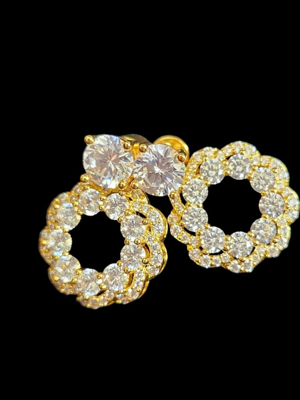Gold Tone CZ Circle Drop Earrings Round Halo Dangle Statement Sparkle Prom